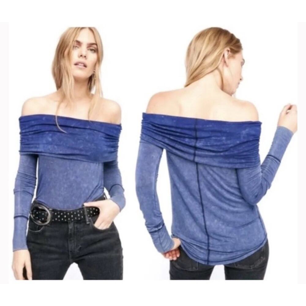 We The Free Purple Cosmo Cowl Neck Blue Sapphire Long Sleeve Off Shoulder Tunic